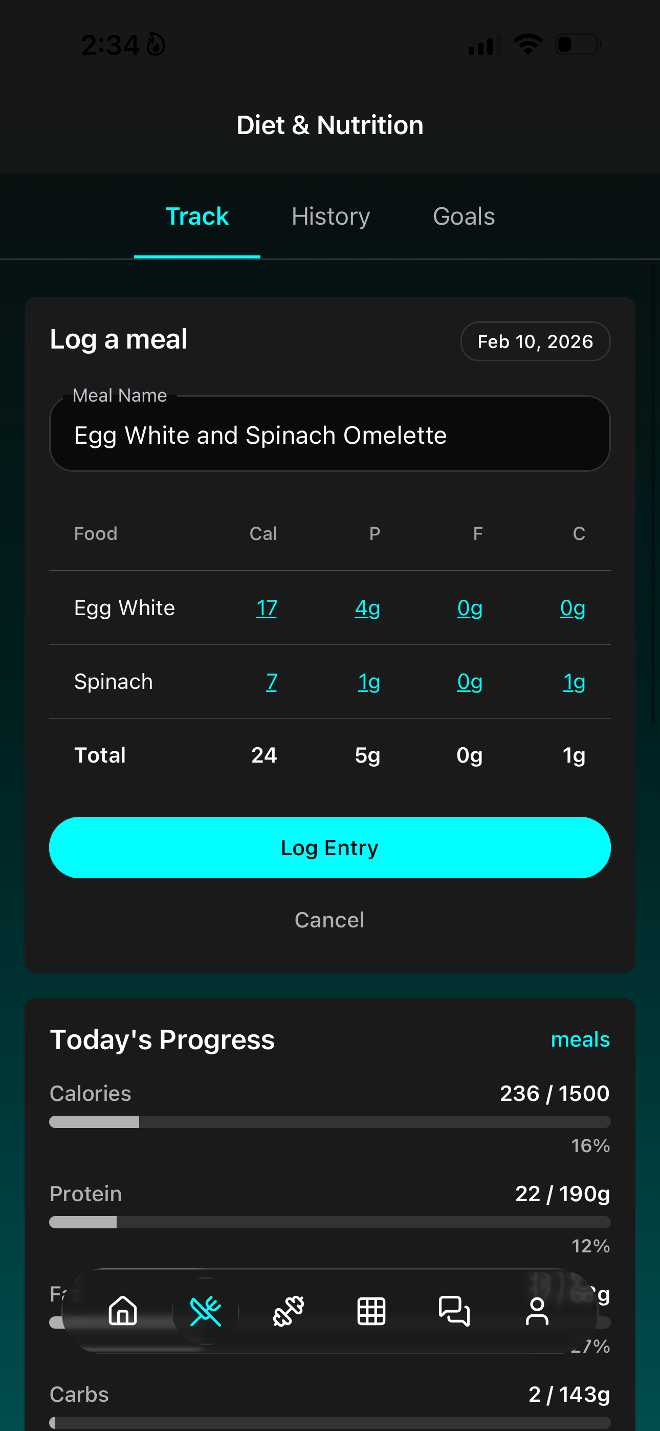 Smart nutrition tracking with meal logging