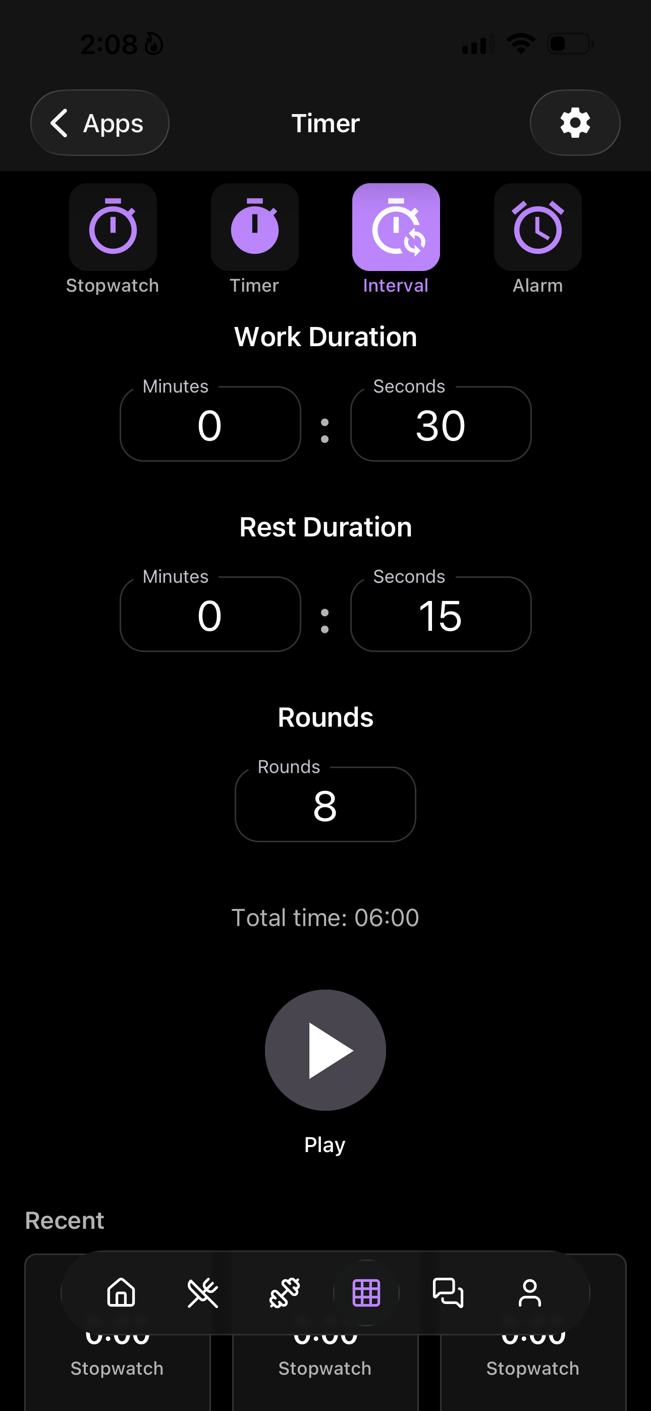 Workout timer interface with interval configuration